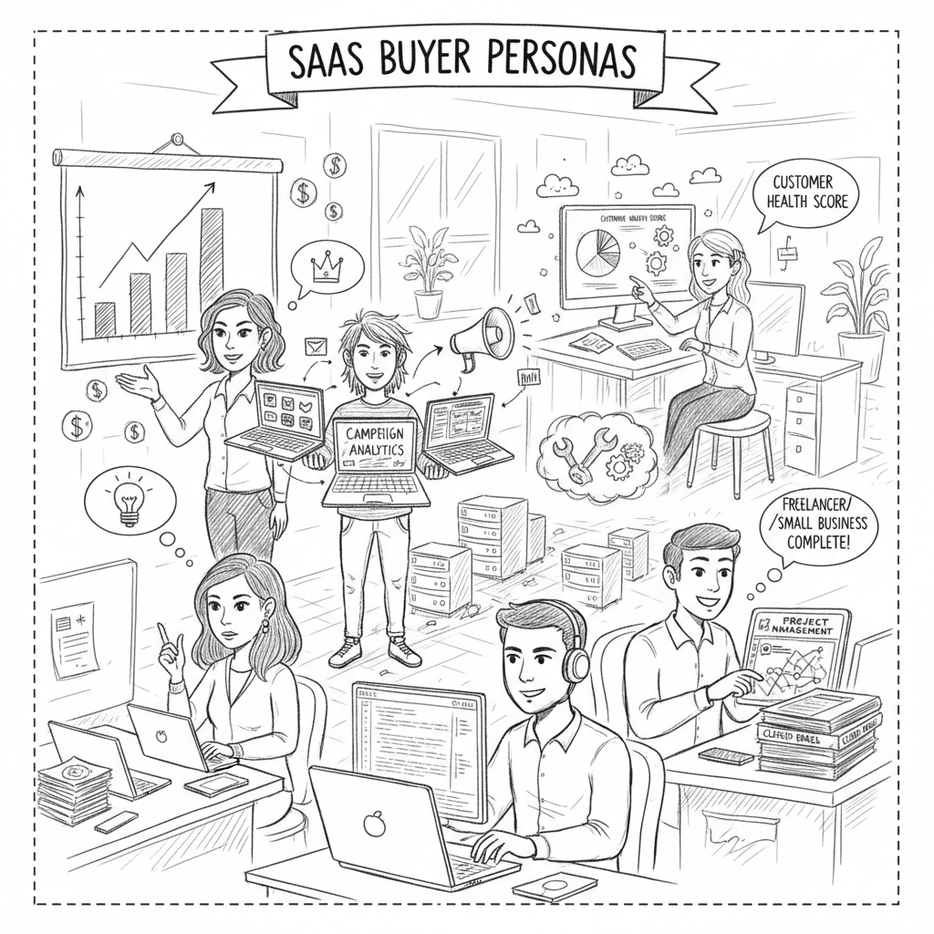Illustration of diverse buyer personas in a SaaS business setting, showcasing teamwork and collaboration.