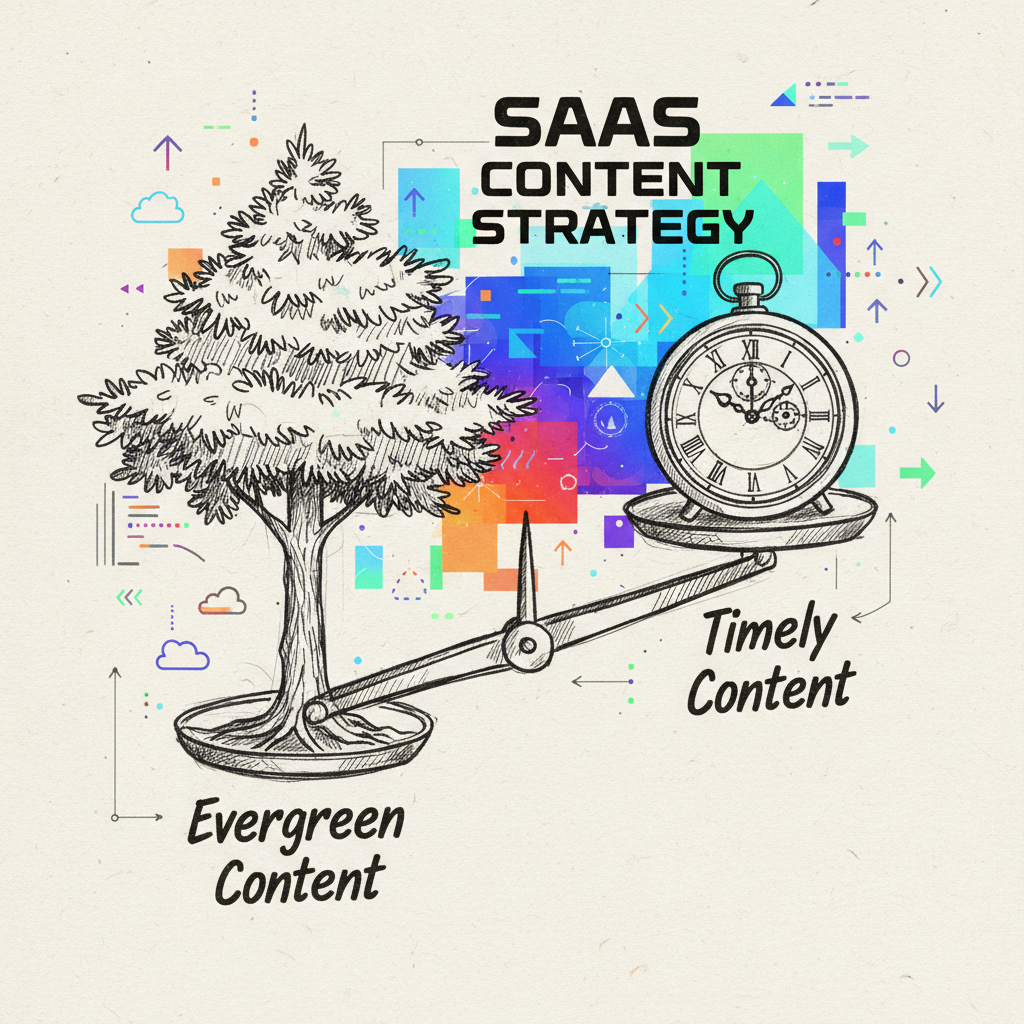 A scale balancing a tree and a clock, representing evergreen and timely content.