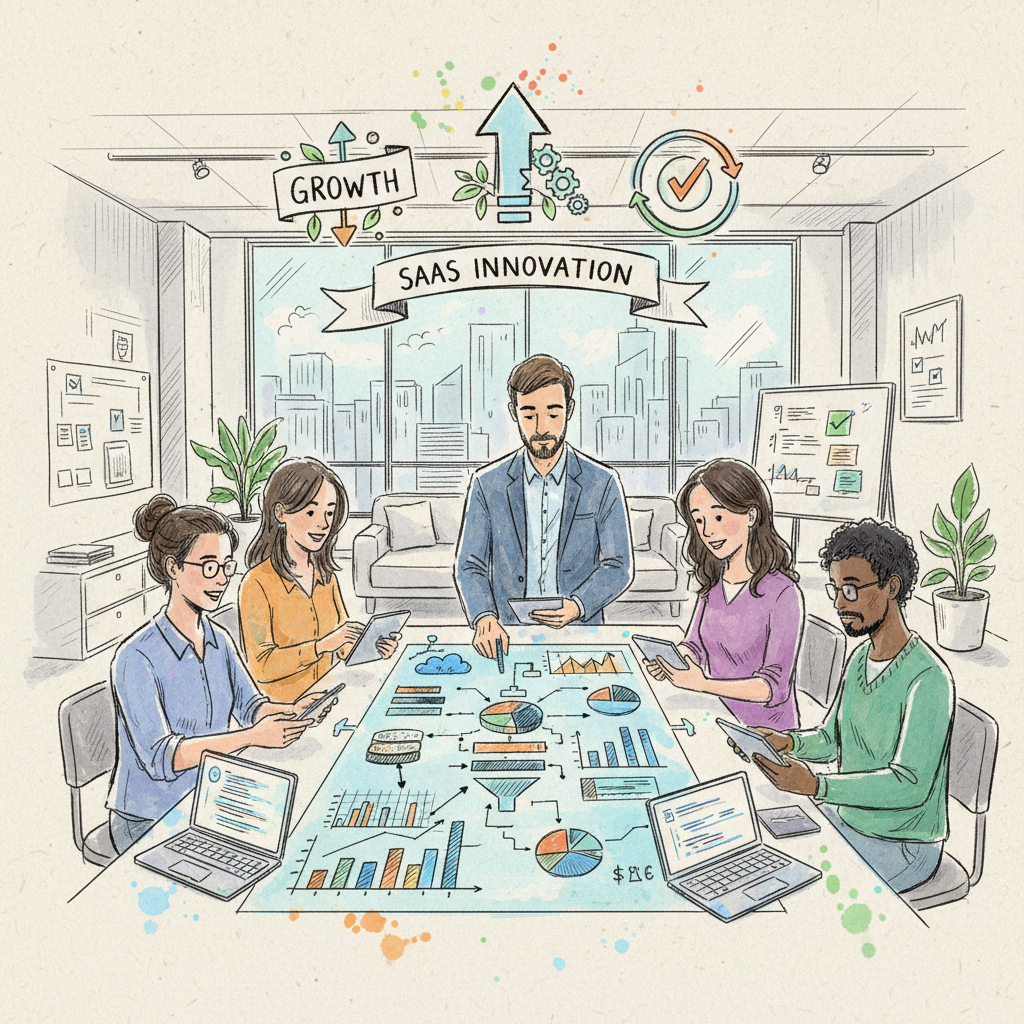 A diverse group of professionals engaging in a brainstorming session about content marketing strategies for SaaS startups.