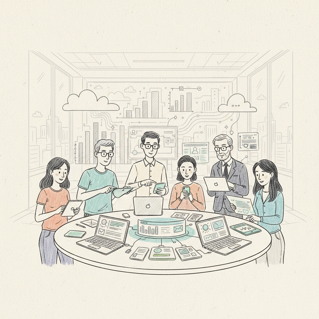 Illustration of diverse buyer personas in a SaaS environment with digital devices.