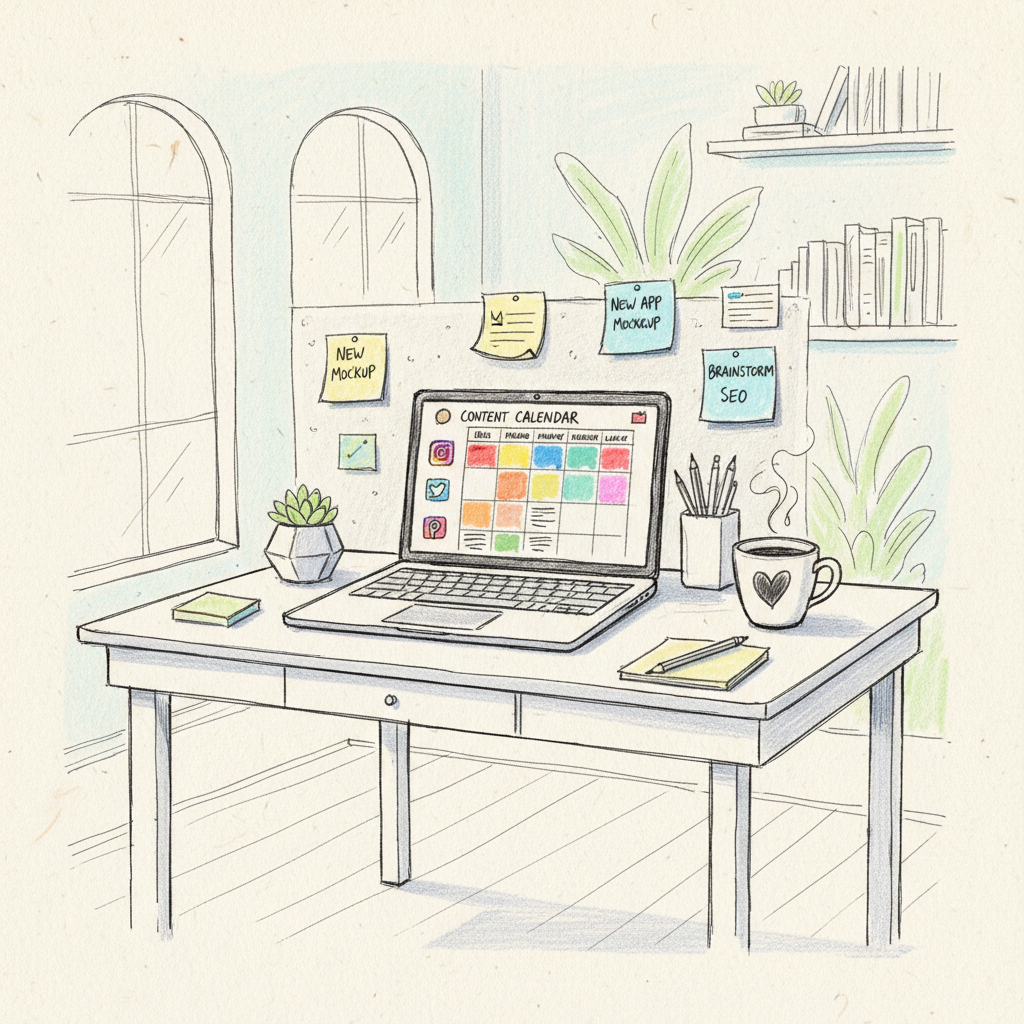 A workspace with a laptop showing a content calendar and notes for content planning.