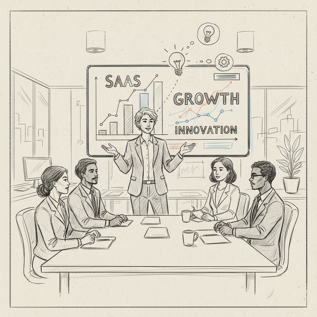 A professional presenting insights in a modern office, highlighting thought leadership in SaaS.