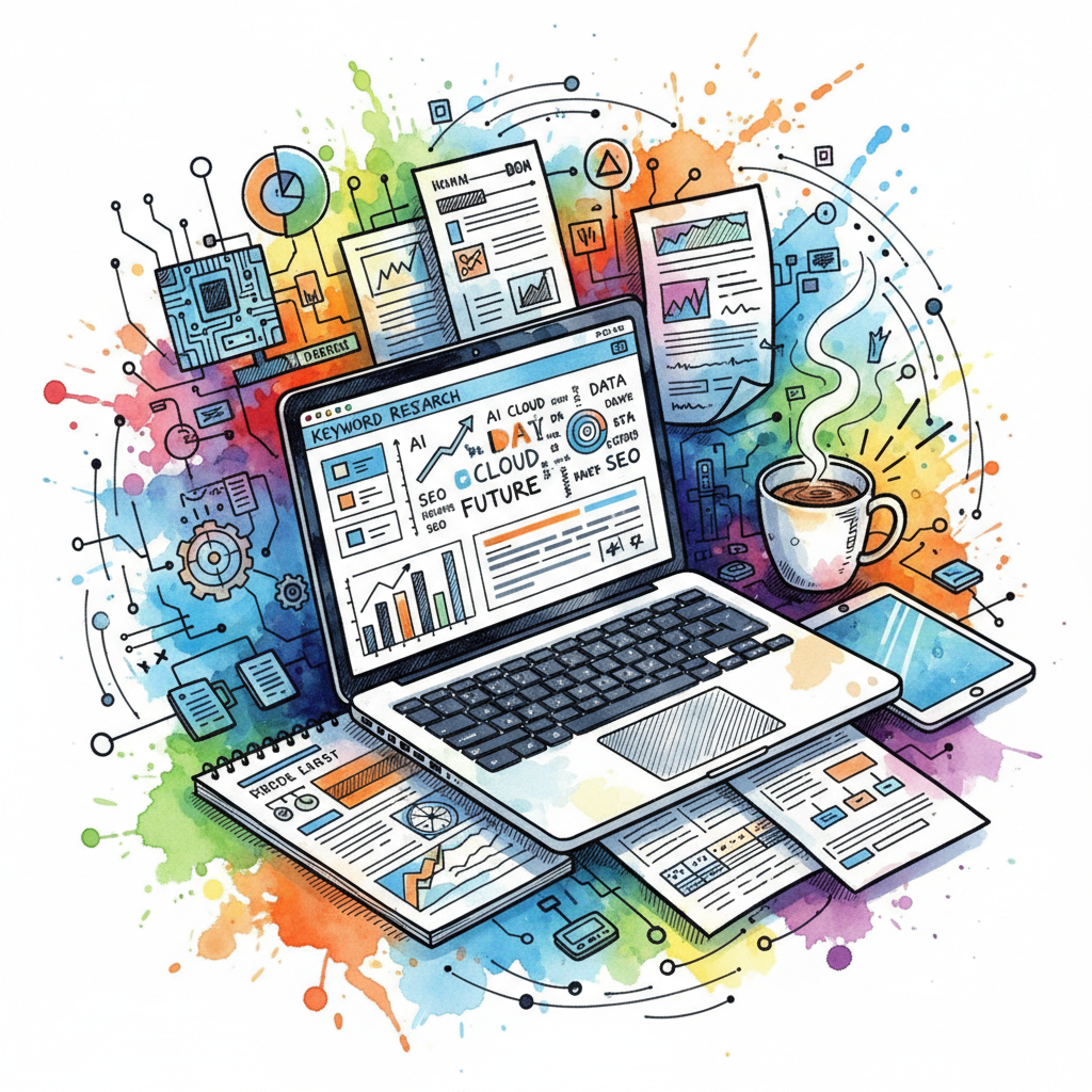 A laptop on a desk showing keyword research tools for SaaS companies, surrounded by notes and coffee.