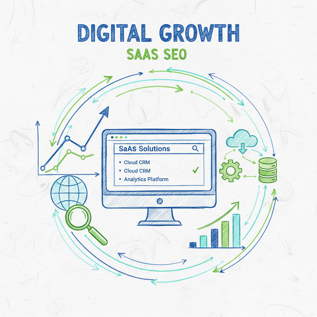A hero image depicting SEO strategies for SaaS businesses, featuring graphs and a computer screen.