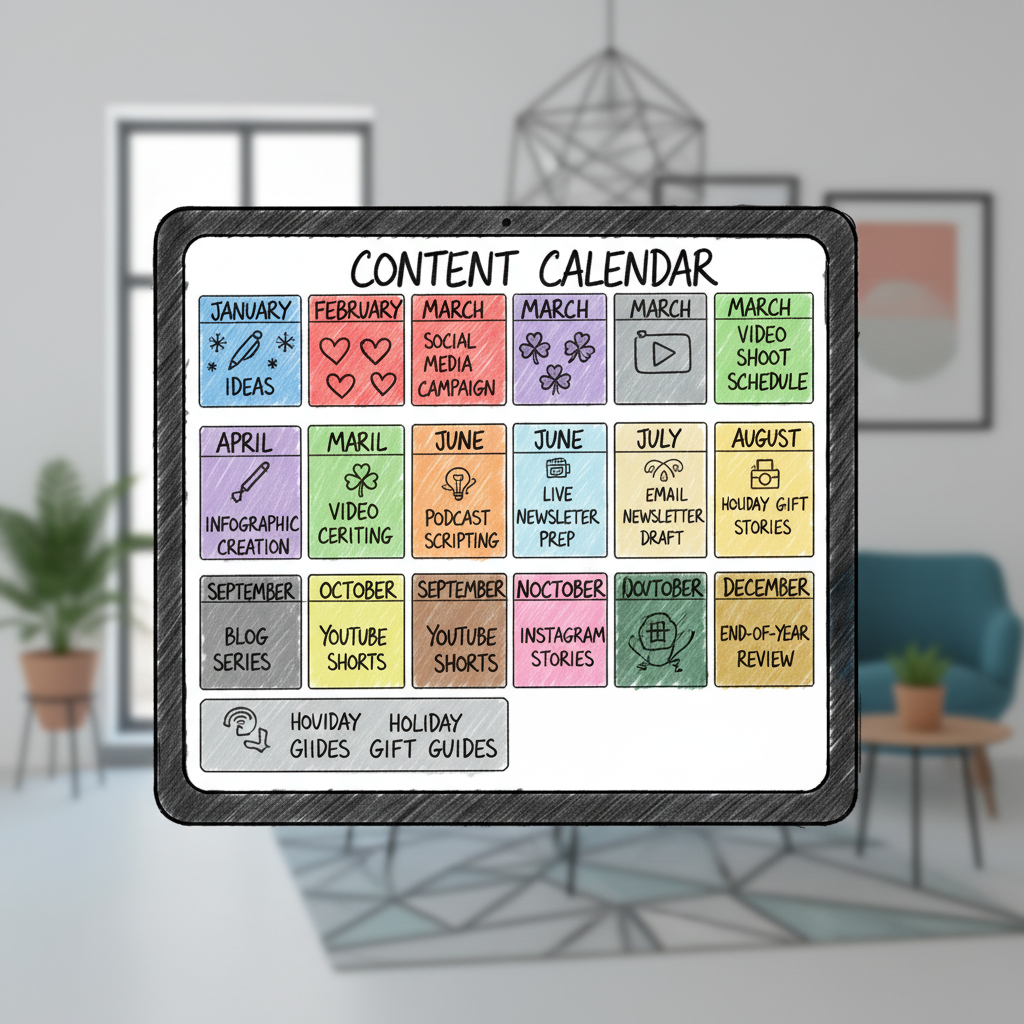 A vibrant digital content calendar illustrating monthly themes and content types for SaaS businesses.
