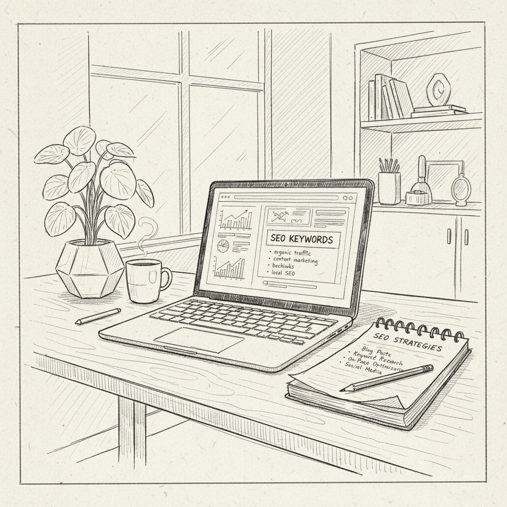 A laptop on a desk displaying website analytics with highlighted SEO keywords