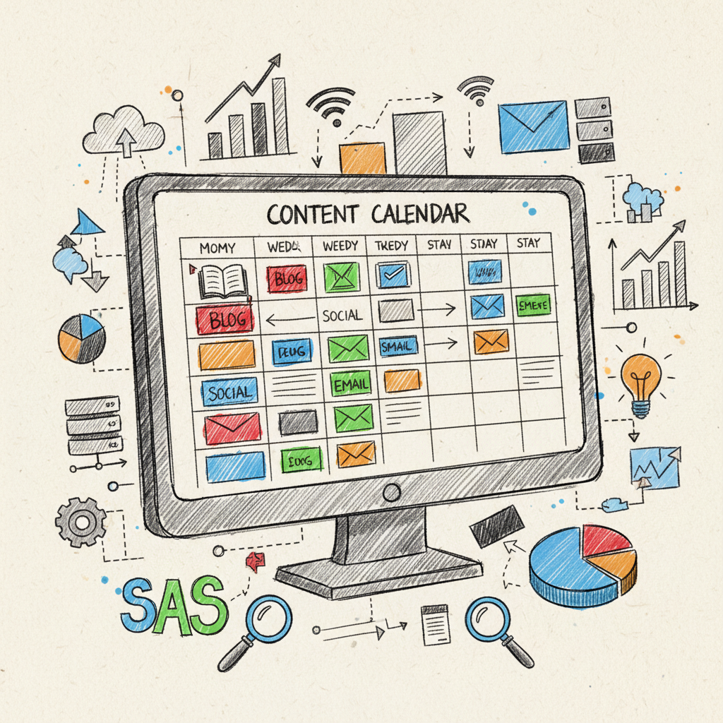 A digital content calendar with various content types and marketing elements.