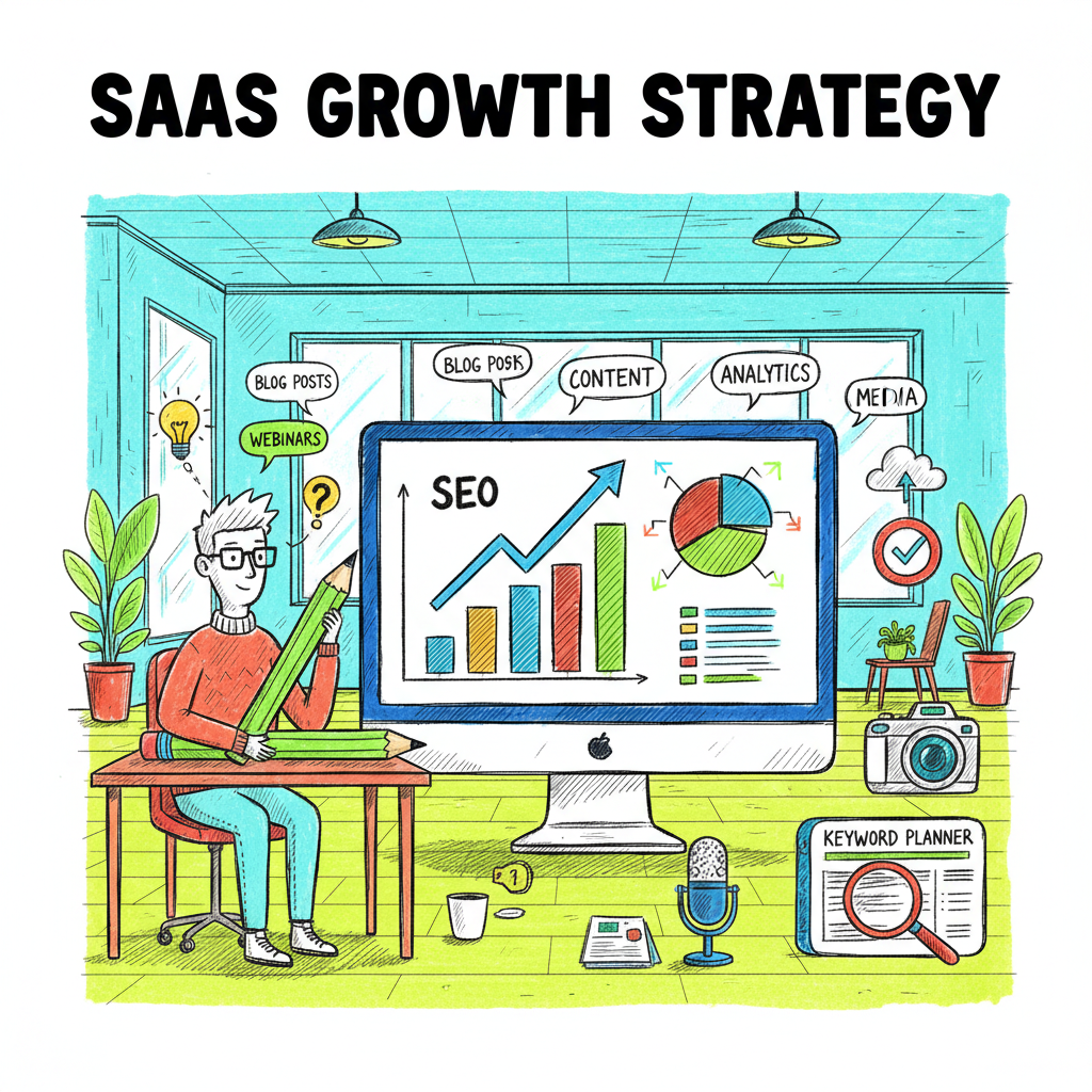 A colorful illustration of a SaaS content marketing strategy in a modern office