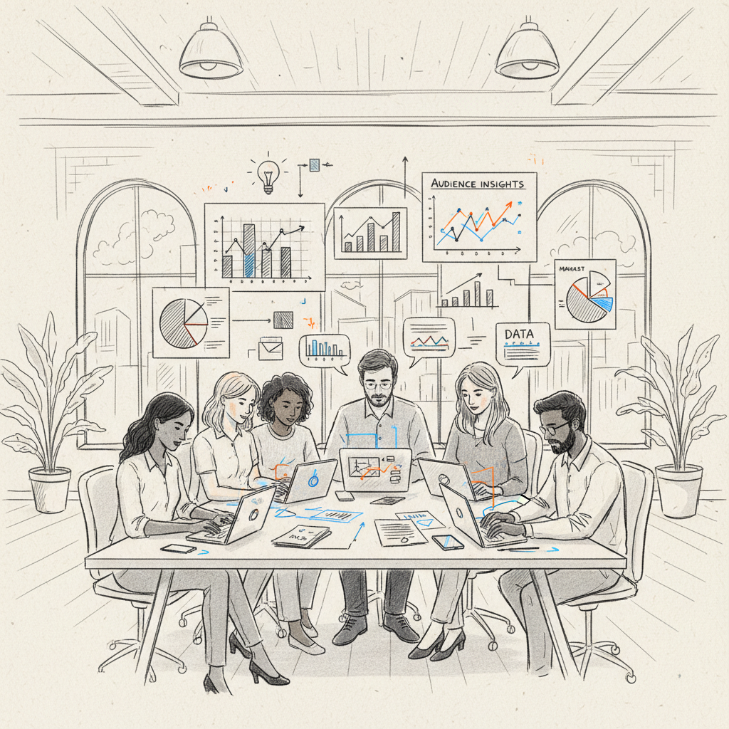 Diverse professionals discussing content marketing strategies in a modern office.