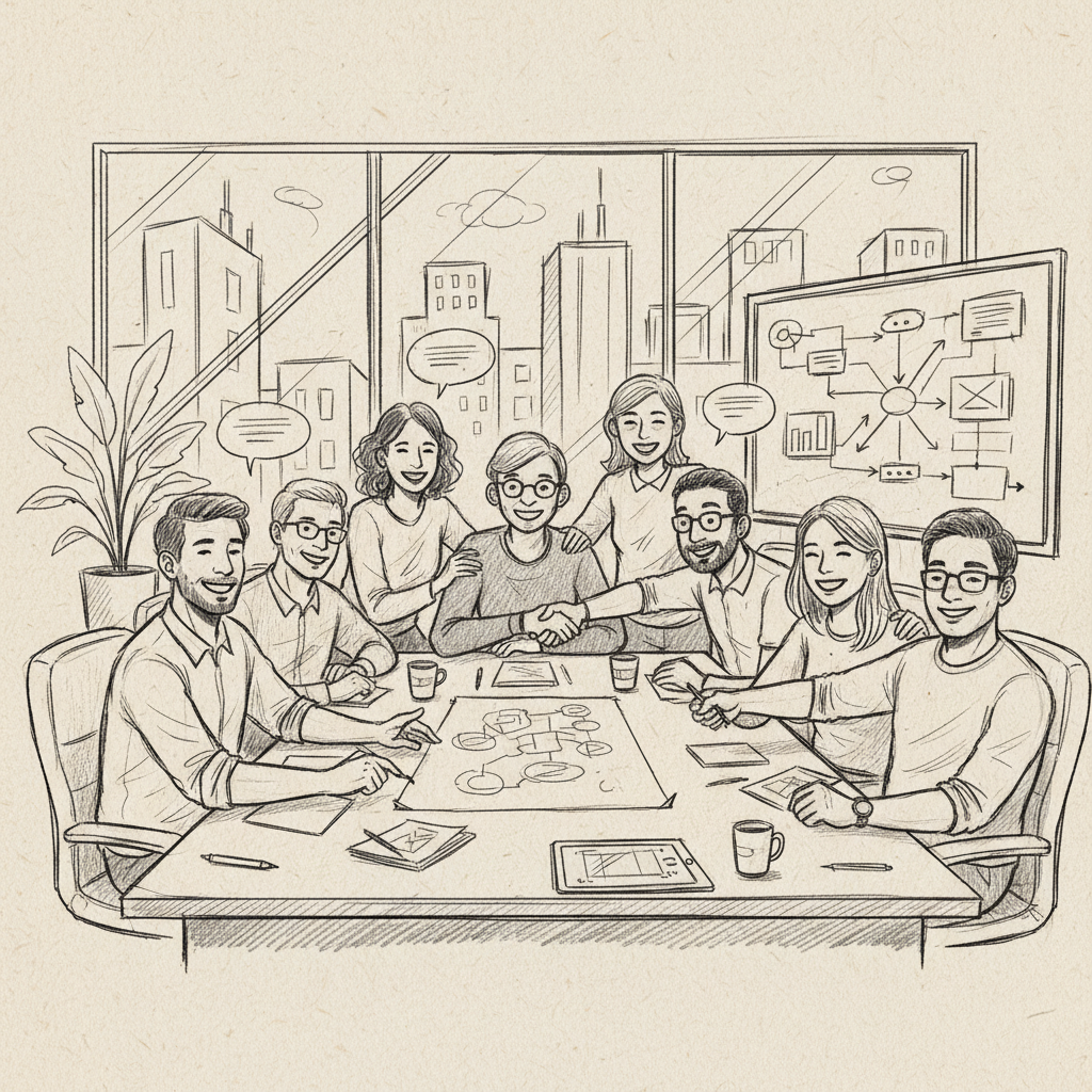 A diverse group of professionals collaborating and discussing ideas in a positive and trusting environment.